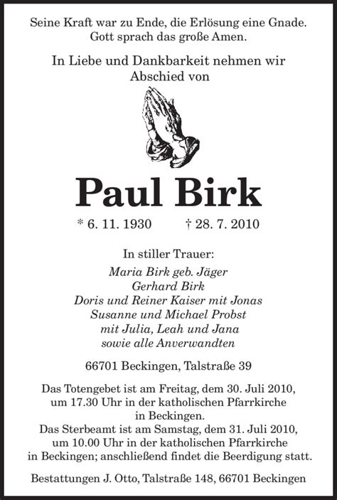 Traueranzeigen Von Paul Birk Saarbruecker Zeitung Trauer De