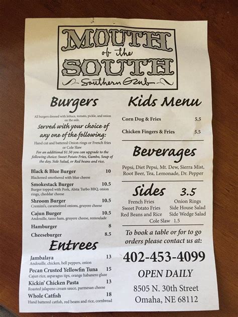 Menu at Mouth of the South restaurant, Omaha, N 30th St