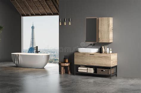 Stylish Gray Bathroom Interior With Concrete Floor Window With City