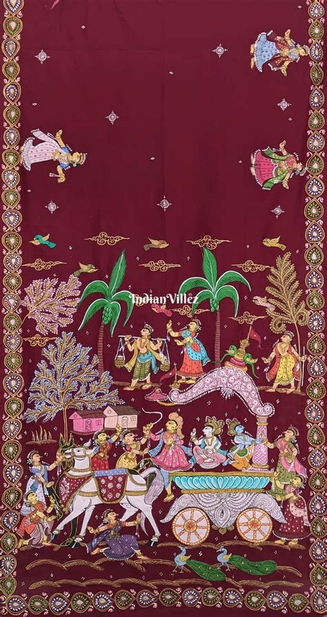 Pre Order Dark Maroon Mathura Vijay Theme Pattachitra Silk Saree