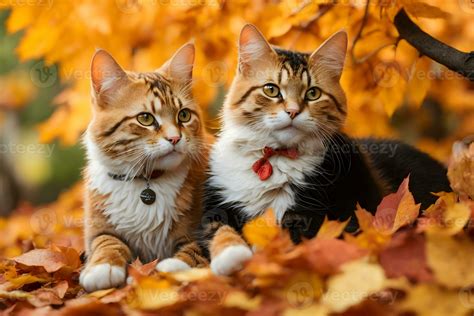 two playful cats in a vibrant autumn setting, surrounded by a colorful carpet of fallen leaves ...