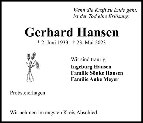 Traueranzeigen Von Gerhard Hansen Trauer Anzeigen De