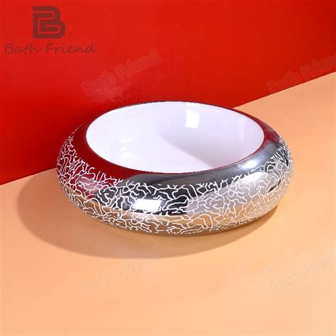 Electroplating Basins Slivery Decals Pattern Round Ceramic Wash Basin