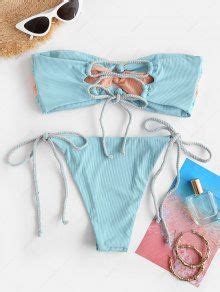 ZAFUL Ribbed Colorblock Braided Bow Bandeau Bikini Swimwear In LIGHT