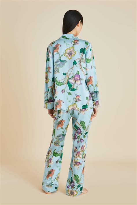 Lila Ceres Blue Floral Pajamas In Silk Satin Olivia Von Halle