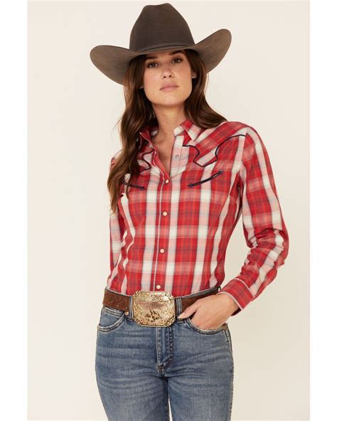 Wrangler Retro Womens Red Plaid Fancy Yoke Long Sleeve Western Shirt In 2021 Western Shirts