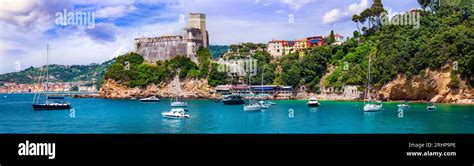 Italy, Liguria. famous golf of poets and scenic town Lerici with ...