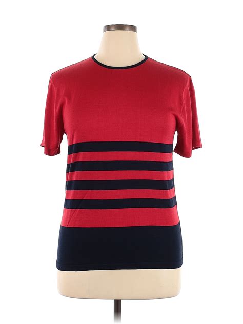 Assorted Brands 100 Silk Stripes Color Block Red Short Sleeve Silk Top