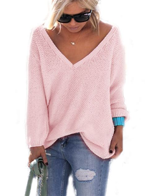 Free Shipping Buy Womens V Neck Long Sleeve Knitted Sweater Loose