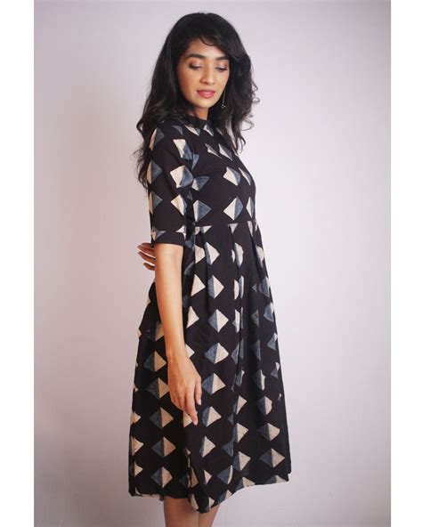 Black Diamond Printed Ajrakh Pleated Dress By Threeness The Secret Label