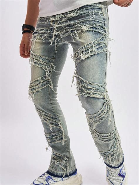 Manfinity Emrg Men Ripped Frayed Raw Hem Jean Straight Leg Long