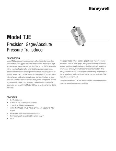 Pdf Precision Gage Absolute Pressure Transducer · Shunt Calibration Data Included