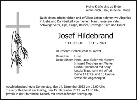 Traueranzeigen Von Josef Hildebrand Schwaebische De Trauerportal