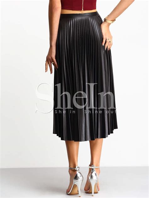 Black Pleated PU Leather Skirt SheIn Sheinside