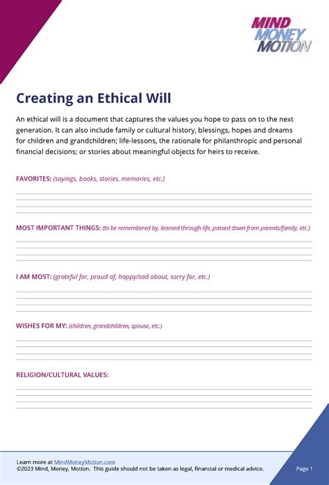 Creating An Ethical Will Worksheet Mind Money Motion