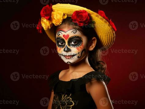 kid in Day of the Dead makeup with playful emotional dynamic pose AI Generative 28923232 Stock ...