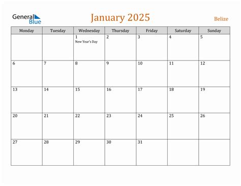 Free January 2025 Belize Calendar
