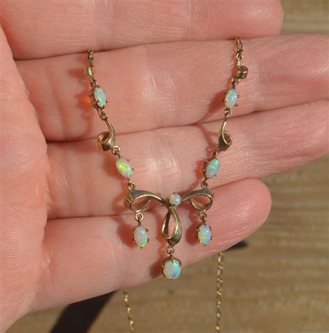 Antique Ct Gold And Australian Crystal Opal Necklace Dainty Gold Opal