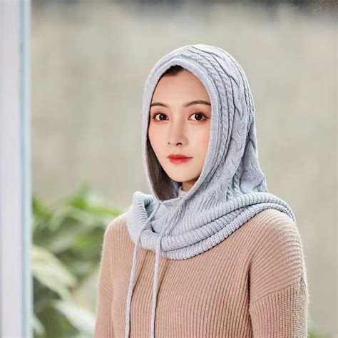 Hijab Bawal Tudung Autumn Winter Hooded Scarf Neck Cover One Piece Women Thickened Warm Knitted