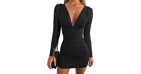 Gobles Women S Sexy Long Sleeve V Neck Ruched Bodycon Mini Party Cocktail Dress • Price