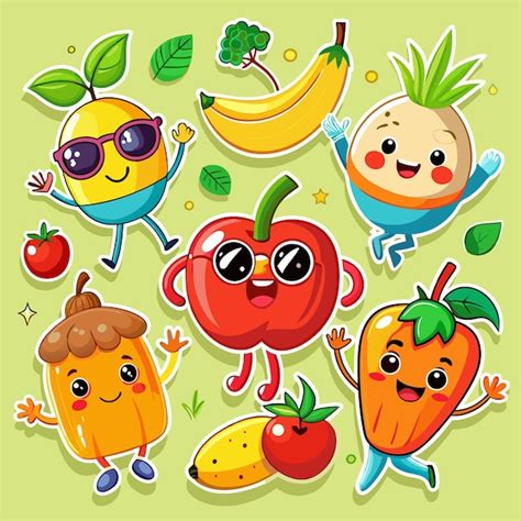 Adhesivos De Frutas Y Verduras De Dibujos Animados Vector Premium