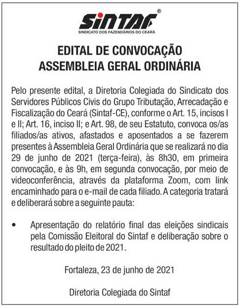 Edital De Convoca O Assembleia Geral Ordin Ria Sintaf