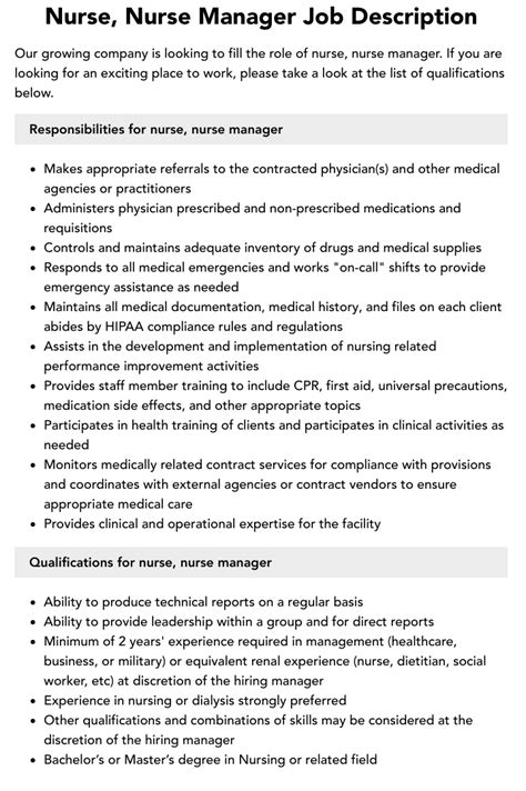 Nurse Nurse Manager Job Description Velvet Jobs