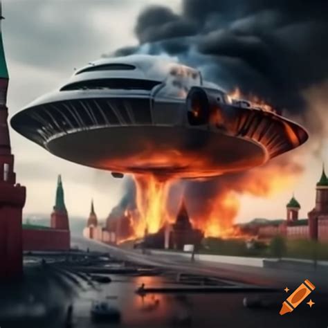 Hyper Realistic Photo Of Flying Saucer Shooting Fire At Moscow Kremlin