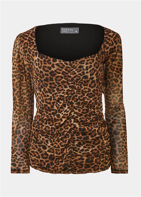 Papaya Curve Brown Leopard Print Long Sleeve Mesh Top Matalan