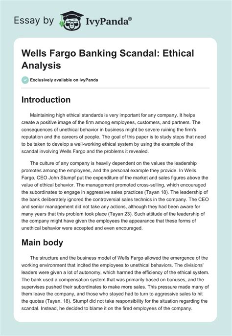 Wells Fargo Banking Scandal Ethical Analysis Words Case Study