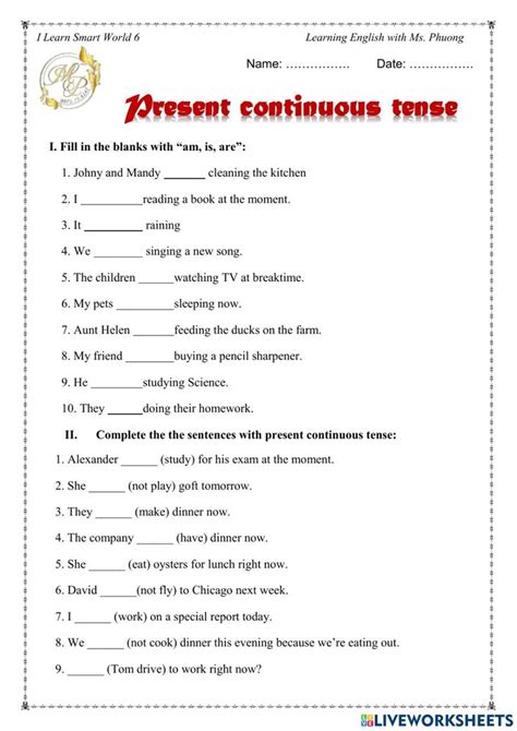 Present Continuous Tense Worksheet For Grade 6 Students