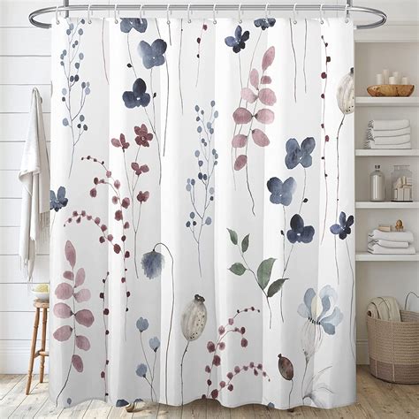 Ink Blue Floral Shower Curtain,Blue and Red Shower Curtains Sets for ...