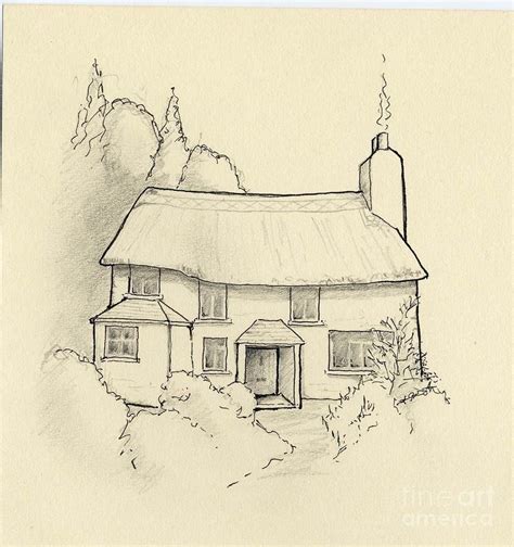 A Drawing Of A House With A Thatched Roof And Trees In The Back Ground