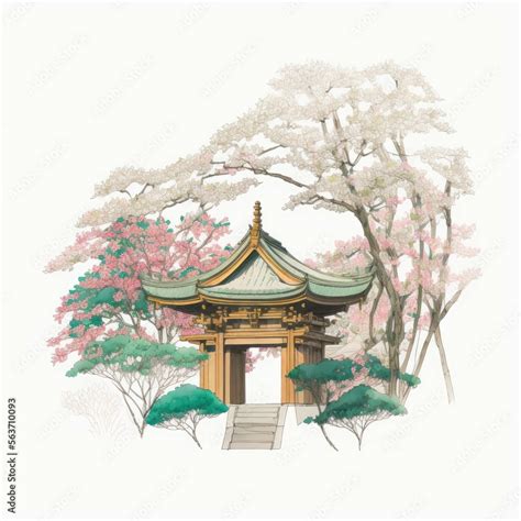 Lightly colored ink sketch of an imaginary Japanese temple created by ...