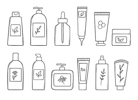 Ensemble Dessiné à La Main De Cosmétiques Bio Doodle Bouteilles