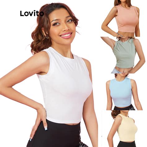 Lovito Regata Feminina Da Moda Cropped Fio Liso L Branco Preto