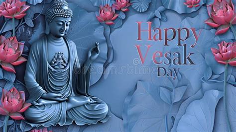 Happy Vesak Day Greeting With Buddha And Lotus Flowers Festive Card Or