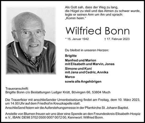 Traueranzeigen Von Wilfried Bonn Wirtrauern