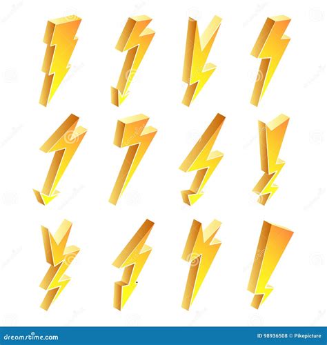 3D Lightning Icons Vector Set Cartoon Yellow Lightning Isolated