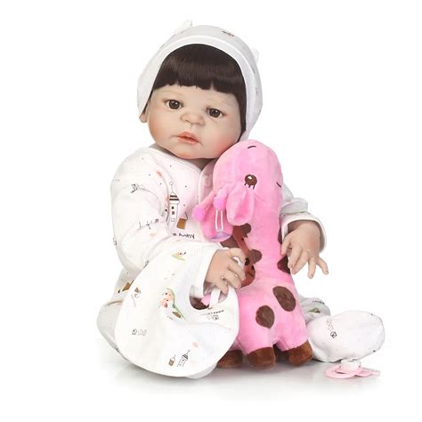 NPK reborn babies girl dolls 22" real silicone dolls reborn with pink sleeping basket giraffe ...