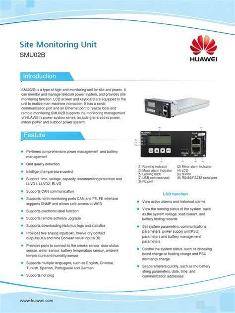HUAWEI SMU02B Monitoring Unit Data Sheet | Rectifier | Power Supply