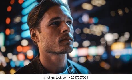 Portrait Handsome Serious Man Standing Looking Stock Photo