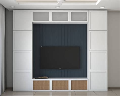 White And Brown Minimalistic TV Unit Design With Blue Back Panel Livspace