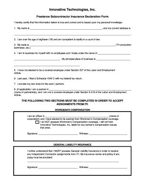 Fillable Online Freelance Subcontractor Insurance Declaration Form Fax