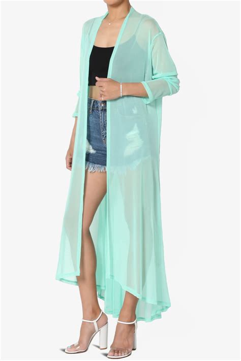 Sheer Mesh Long Sleeve Open Front Maxi Cardigan Mid Calf Caftan Duster