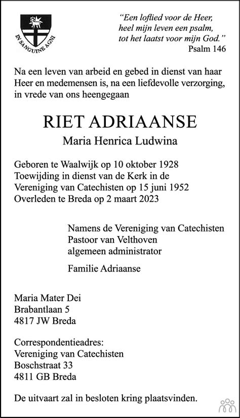 Riet Maria Henrica Ludwina Adriaanse Overlijdensbericht En