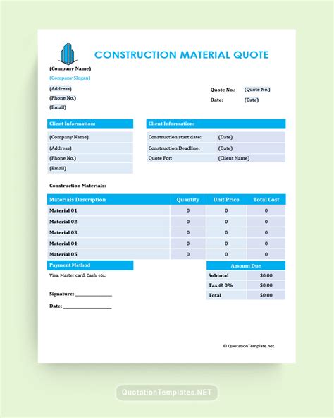 Free Construction Quote Templates Word Excel Pdf