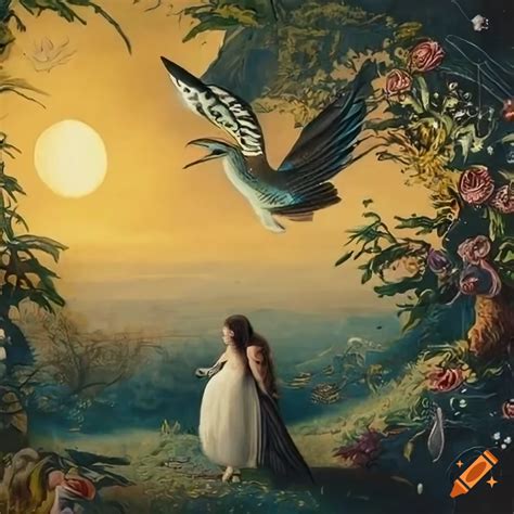 Surrealist illustration of birds in a fairy tale garden on Craiyon