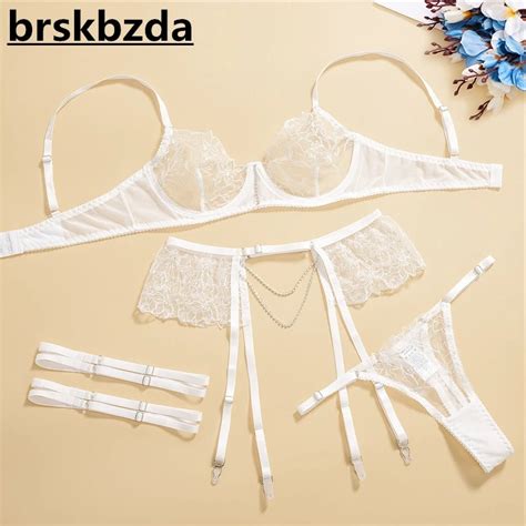 Brskbzda White 3 Piece Lace Bra Sets Women Luxury With Chain Sexy