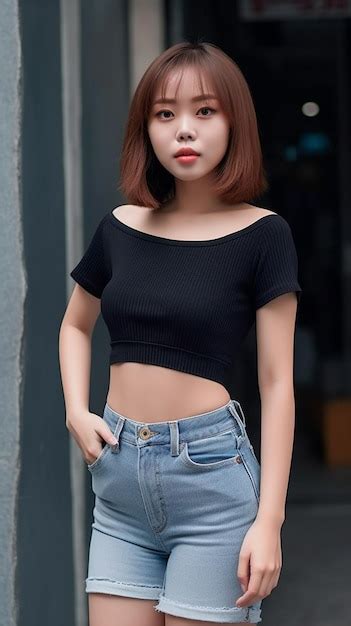 Premium Ai Image Asian Woman Wearing Black Crop Top And Jeans